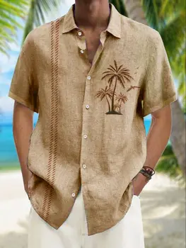 Гавайская рубашка Мужские рубашки для мужчин в повседневную полоску с принтом кокосовой пальмы Рубашка с коротким рукавом Блузка Лето 2023 Новинка