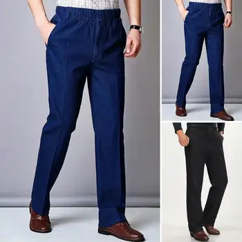 Мужские однотонные брюки для отца среднего возраста, облегающие джинсы с эластичной резинкой на талии и карманами с высокой талией, длиной до щиколоток, для повседневной носки