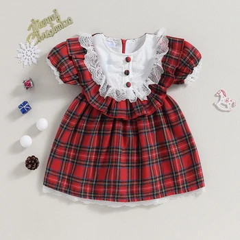 Одежда для малышей, летнее клетчатое платье для девочек, красное платье принцессы с коротким рукавом и кружевной отделкой на пуговицах, детская одежда на Рождество