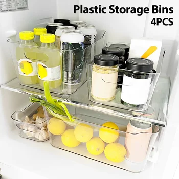 4шт Прозрачных пластиковых ящиков для хранения Коробка для хранения в холодильнике Многоцелевой шкаф-органайзер с ручкой Аксессуар для домашней кухни