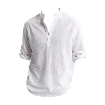 Универсальная мужская рубашка Стильные мужские повседневные рубашки со стоячим воротником, топы с длинными рукавами на весну, свободный крой, однотонная рубашка на лето.
