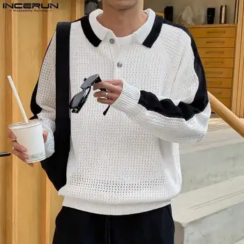 INCERUN Мужская рубашка в стиле пэчворк с отворотом и длинным рукавом, мужская одежда в корейском стиле, уличная одежда 2023, свободные модные повседневные рубашки