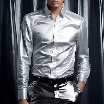 Повседневные мужские атласные рубашки Slim Fit с длинным рукавом и лацканами на пуговицах, модная рубашка для ночного клуба, мужская одежда, осенний винтажный однотонный топ