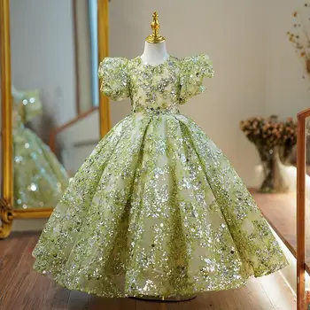 Платье для девочек, роскошное детское платье принцессы, расшитое блестками, длинный костюм для выступления на фортепиано