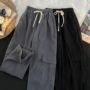 2023, мужская весенне-летняя уличная мода, однотонные брюки, Мужские свободные вельветовые брюки, Мужские повседневные брюки с эластичной резинкой на талии, P359