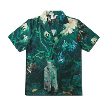 Летом 2023 Года Новая Мужская Художественная Ваза С Масляным Принтом, Модная Рубашка С Коротким Рукавом В Гавайском Стиле Харадзюку, Пляжные Рубашки, Сорочка Homme Luxe Haute Qualite