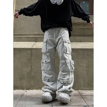Однотонные Повседневные Прямые Свободные брюки-карго с несколькими карманами, мужские популярные джоггеры в стиле харадзюку в стиле хип-хоп, мужские брюки уличной одежды