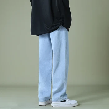 Новые осенние мужские джинсовые широкие брюки в корейском стиле, прямые светло-голубые мешковатые джинсы, студенческие брюки с эластичной резинкой на талии, мужские Черно-серые
