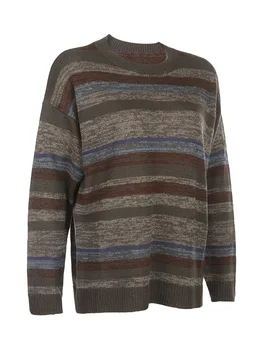 Женский свитер, Винтажный вязаный пуловер в полоску с круглым вырезом и длинным рукавом, Повседневные топы