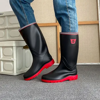 2023 Новые мужские непромокаемые ботинки из ПВХ на плоской подошве Без шнуровки до середины икры для строительной площадки, Водонепроницаемая мужская обувь, размер 39-45