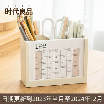 Настольный календарь на 2024 год, держатель для ручки, настольный креативный календарь, Многофункциональная коробка для хранения, Офисные часы в примечаниях