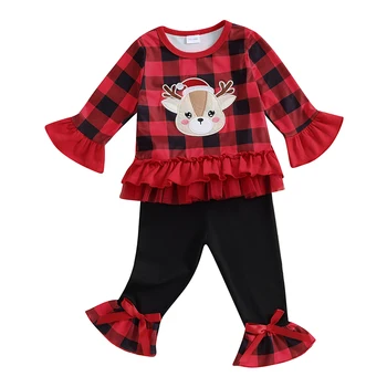 Комплекты рождественских штанов для маленьких девочек, клетчатые топы с вышивкой лося и длинными рукавами, комплекты расклешенных штанов