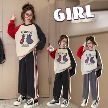 Осенний комплект одежды для девочек-подростков, повседневный пуловер с мультяшным кроликом, топ и брючный костюм, детский спортивный костюм с надписью сбоку в полоску, 2 предмета