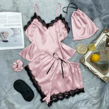 Сексуальное Женское белье с кружевной отделкой, пижамный костюм из 2 предметов, мини-пижамы, одежда для отдыха, Атласная ночная рубашка, Домашняя одежда