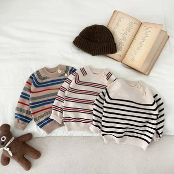 Зимние и осенние хлопковые свитера для новорожденных девочек и мальчиков с круглым вырезом, полосатые свитера с длинными рукавами, Корейская мода, мягкие повседневные