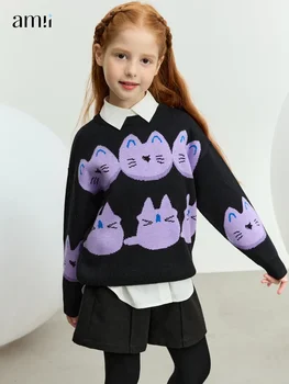 AMII Kids/ Детские свитера для девочек, Новинка зимы 2023 года, Базовый Свободный Теплый Модный Топ с круглым вырезом, вязаный уютный пуловер 22324009