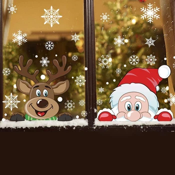 Съемная Рождественская статическая наклейка из ПВХ, наклейки на окна с изображением Санта-Лося, украшающие наклейки на стены в виде снежинок, Новогоднее стеклянное платье для вечеринки
