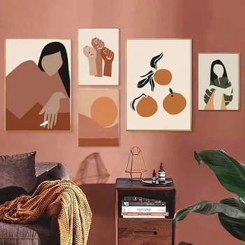 Абстрактная девушка Оранжевого цвета, винтажная скандинавская настенная живопись на холсте, скандинавские плакаты и принты, настенные панно для декора гостиной