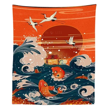 Пейзаж в японском стиле, Волна, журавль, Красное солнце, Карп, прыгающий через врата Дракона, гобелен от Ho Me Lili для декора гостиной
