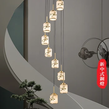 Новая Лестница В Китайском Стиле Длинная Люстра Медная Вилла В Китайском Стиле Двухуровневое Здание Лампа Гостиничная Инженерия Креативное Вращение