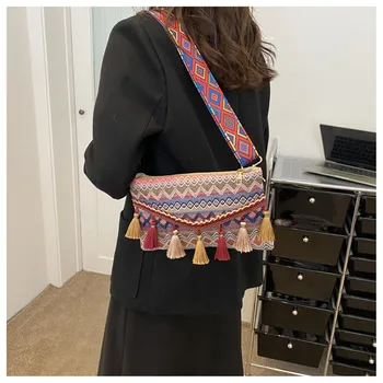 Женская сумка через плечо в этническом стиле, ретро-маленькие сумки-тоут с кисточками, модный широкий плечевой ремень, повседневная сумка для поездок на работу большой емкости