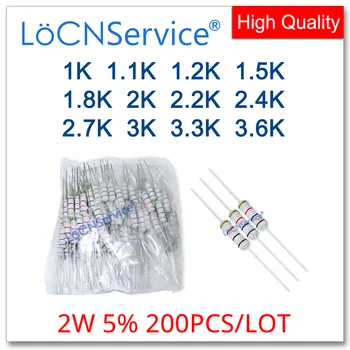 LoCNService 200 шт./ЛОТ 5% 2 Вт 1K 1.1K 1.2K 1.5K 1.8K 2K 2.2K 2.4K 2.7K 3K 3.3K 3.6K Углеродный Пленочный резистор DIP ОМ