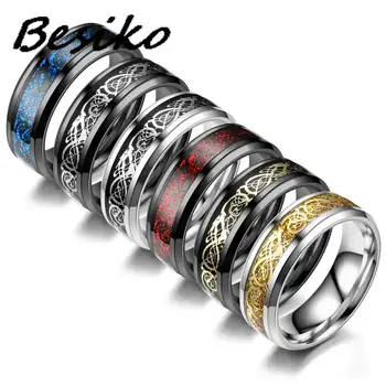 Besiko, красная, синяя, Черная инкрустация Драконом, удобная посадка, кольца из нержавеющей стали Для мужчин, Обручальное кольцо Шириной 8 мм, мужское кольцо, ювелирные изделия