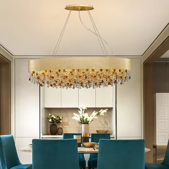 Новая современная хрустальная люстра для столовой с овальным дизайном, подвесной кухонный остров, Хрустальная лампа, Золотой домашний декор, светодиодный светильник Cristal Lustre