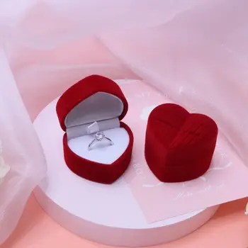 Новая бархатная коробочка для колец в форме сердца для предложения, помолвки, упаковки свадебных украшений, витрины, красно-розовая шкатулка для украшений с крыльями Ангела