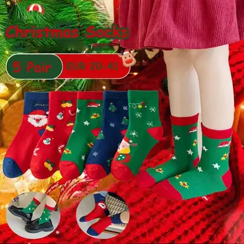 5 Пар детских рождественских носков Санта-Клауса, удобные носки средней длины с изображением Лося и снеговика, хлопчатобумажные Женские чулочно-носочные изделия с героями мультфильмов в корейском стиле