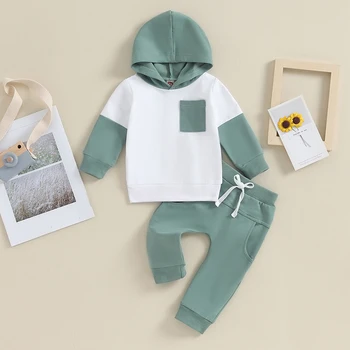 Осенняя одежда для малышей, толстовка контрастного цвета с длинным рукавом, толстовка со штанами, милая одежда для новорожденных