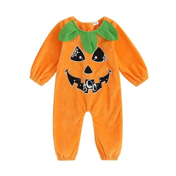 Детская одежда на Хэллоуин, мой первый комбинезон с рисунком тыквенного лица на Хэллоуин из флиса с длинным рукавом и шляпой, Маскарадный костюм в виде тыквы